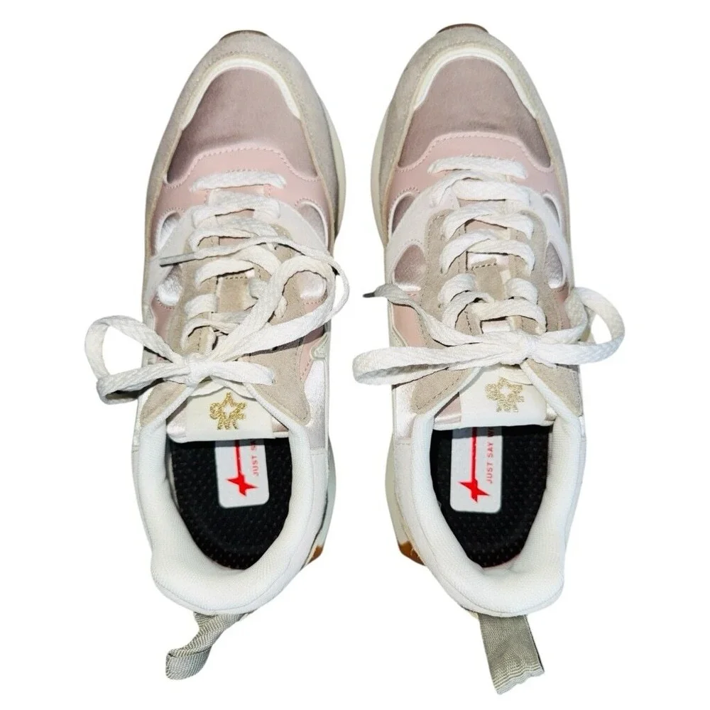 W6YZ Just Say Wizz Pink Satin Beige Suede Women's Lace Up Sneakers Size 7 NWOB